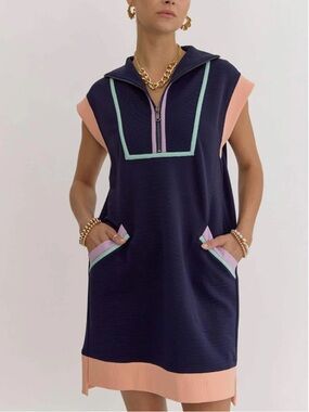 Navy Sleeveless Mini Dress with Pastel Trim